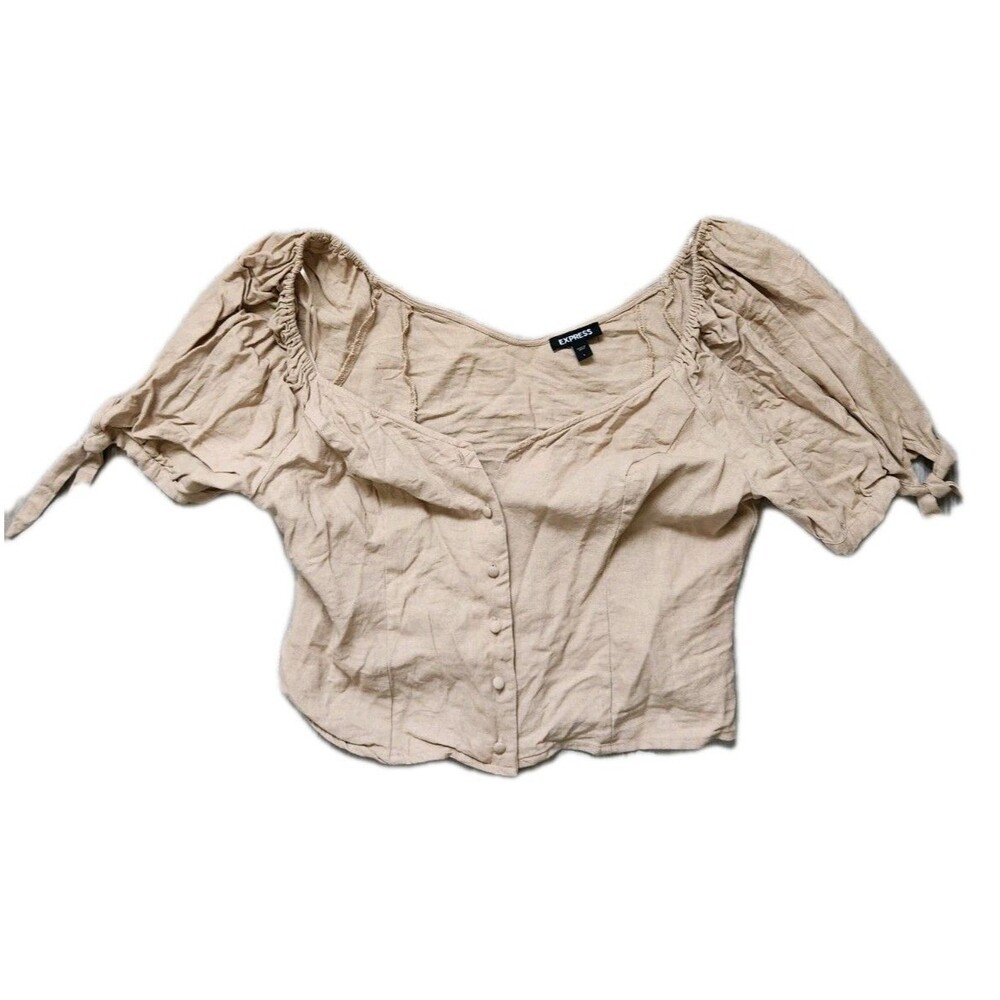 Express Linen Blend Crop Top Womens L Tan Puff Sleeve Cottagecore Peasant GUC - Picture 1 of 9